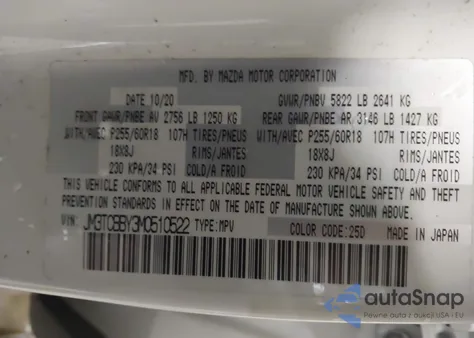 2021 Mazda Cx-9 Sport из США, поврежденный, VIN JM3TCBBY3M0510522